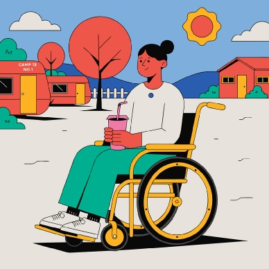 A vector image of a lady in a wheelchair in a caravan park